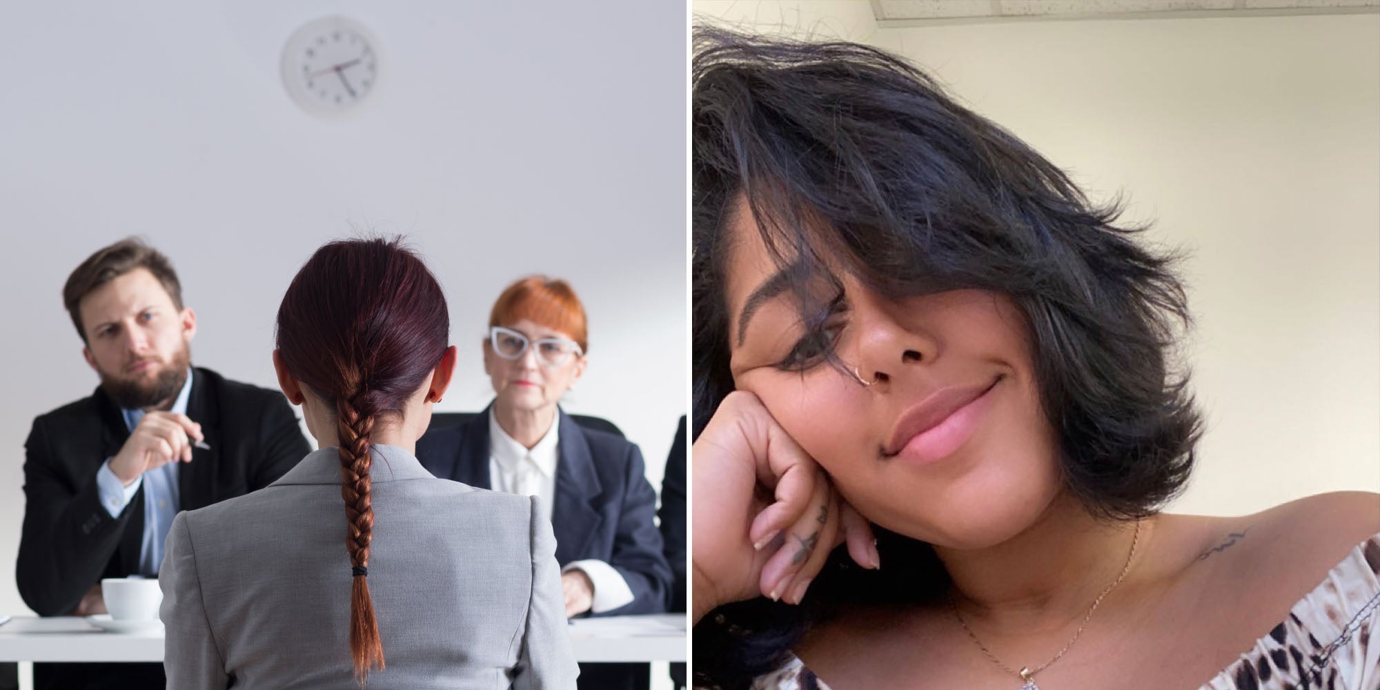 Job interview with woman and man questioning woman (l) woman talking (r)