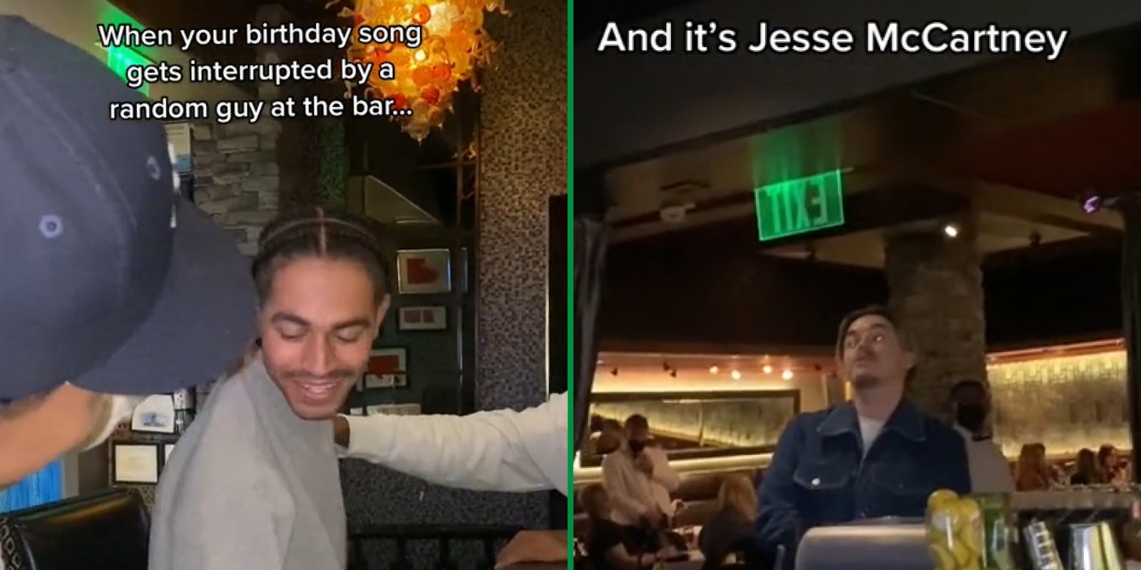 Man smiling friend hand on shoulder caption 'When your birthday song gets interrupted by a random guy at the bar...' (l) Jesse McCartney at bar singing caption ' and its Jesse McCartney' (r)