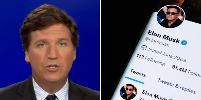 Tucker Carlson (l) Elon Muck twitter page on phone screen with black background (r)
