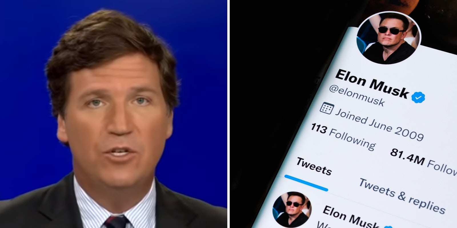 Tucker Carlson (l) Elon Muck twitter page on phone screen with black background (r)