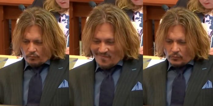 Three photos of Johnny Depp in a court room