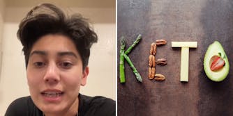 Person talking in room tan wall (l) KETO letters spelled out with food (asparagus pecans cheese avocado strawberry) on rusty background (r)