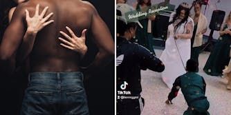 White woman hands on African American man's back (l) White bride holding leash of African American groom on floor (r)
