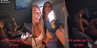 OJ Simpson in bed with arms raised (l&r) three young women with phone (c) all with caption "let's wake up OJ at 1am"