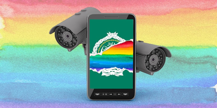 Two security cameras and mobile phone with Arab League flag ripped to reveal rainbow watercolor painting