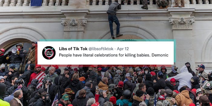 tweet from @libsoftiktok overlaid in front of the capitol riot