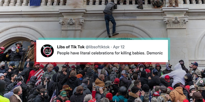 tweet from @libsoftiktok overlaid in front of the capitol riot