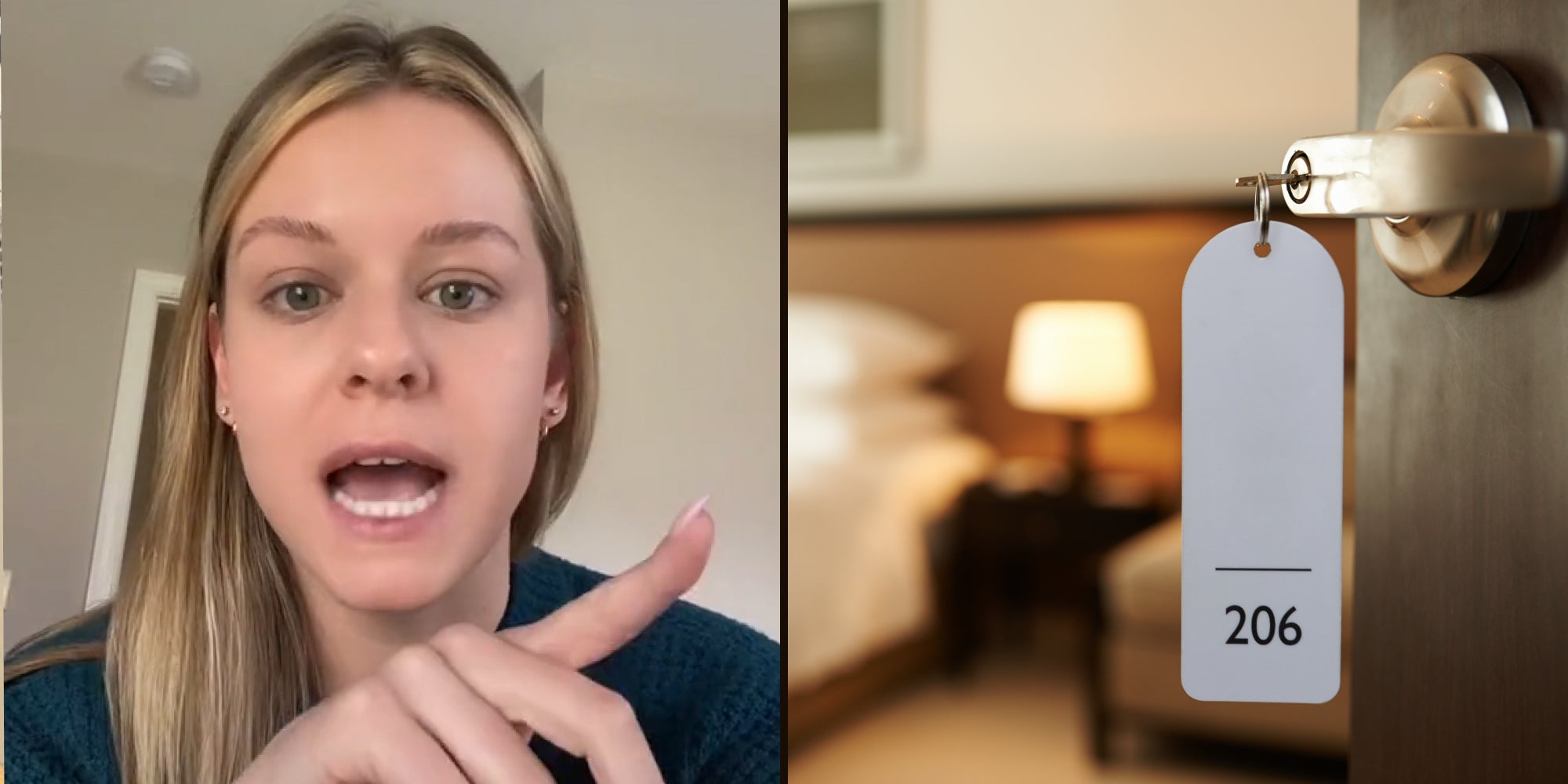 Woman speaking pointing to the right (l) hotel door open with key in handle (r)