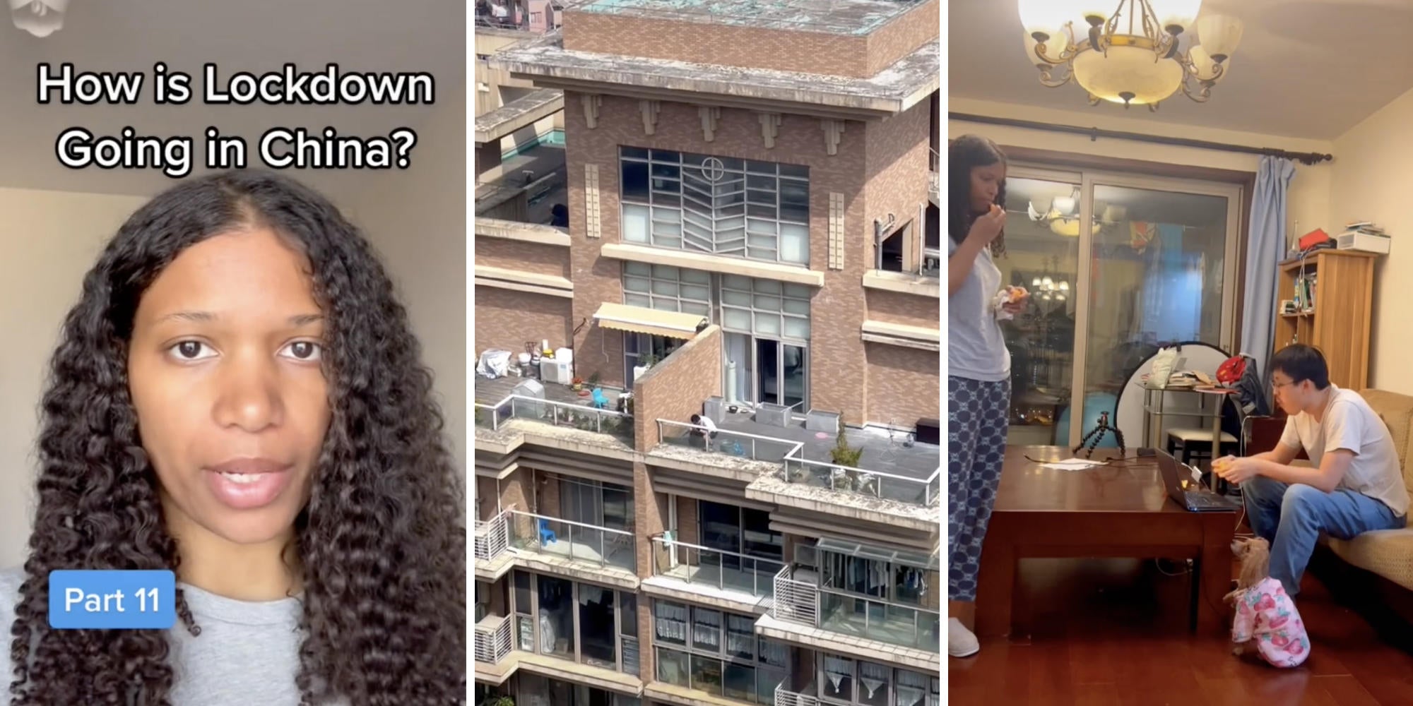 woman speaking to camera (l) china apartment building (m) man and woman in apartment (r)