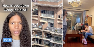 woman speaking to camera (l) china apartment building (m) man and woman in apartment (r)