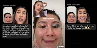 Woman greenscreen tiktok over instagram dm's caption "ur not even good at makeup stick to curing fruit I know this selfie is a joke but you have a lot of videos of you doing ur makeup that's not a joke and every time it looks bad so just stop" (l) womans joke selfie with makeup caption "makeup guru" with greenscreen tiktok reaction top left (c) greenscreen tiktok instagram dm's caption "I dunno if this is a joke or not (n even if it is, its not a good one)" (r)
