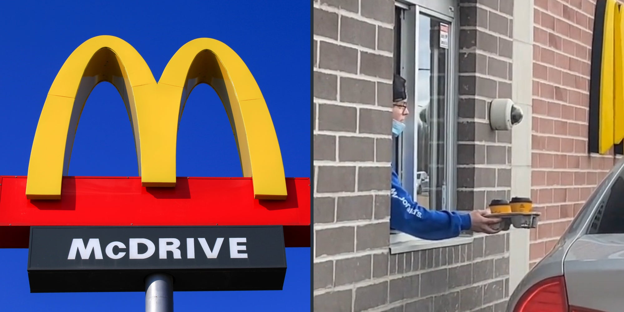 Mcdonald's sign with sky (l) McDonald's worker holding drinks at window drive through (r)