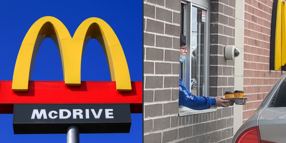 Mcdonald's sign with sky (l) McDonald's worker holding drinks at window drive through (r)