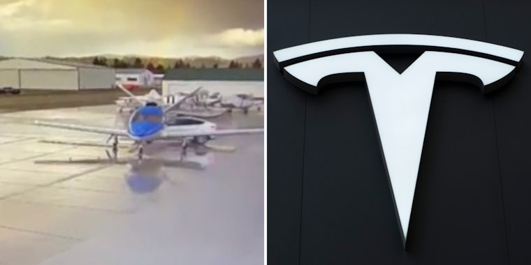 Plane with tesla crashing into its back in parking lot (l) Tesla logo on black background (r)