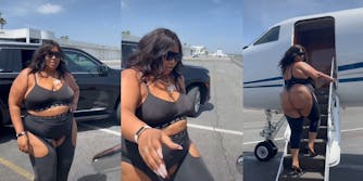 Lizzo in black outfit standing next to car (l) Lizzo walking from car to private jet (c) Lizzo posing on private jet steps with backless leggings blurred (r)