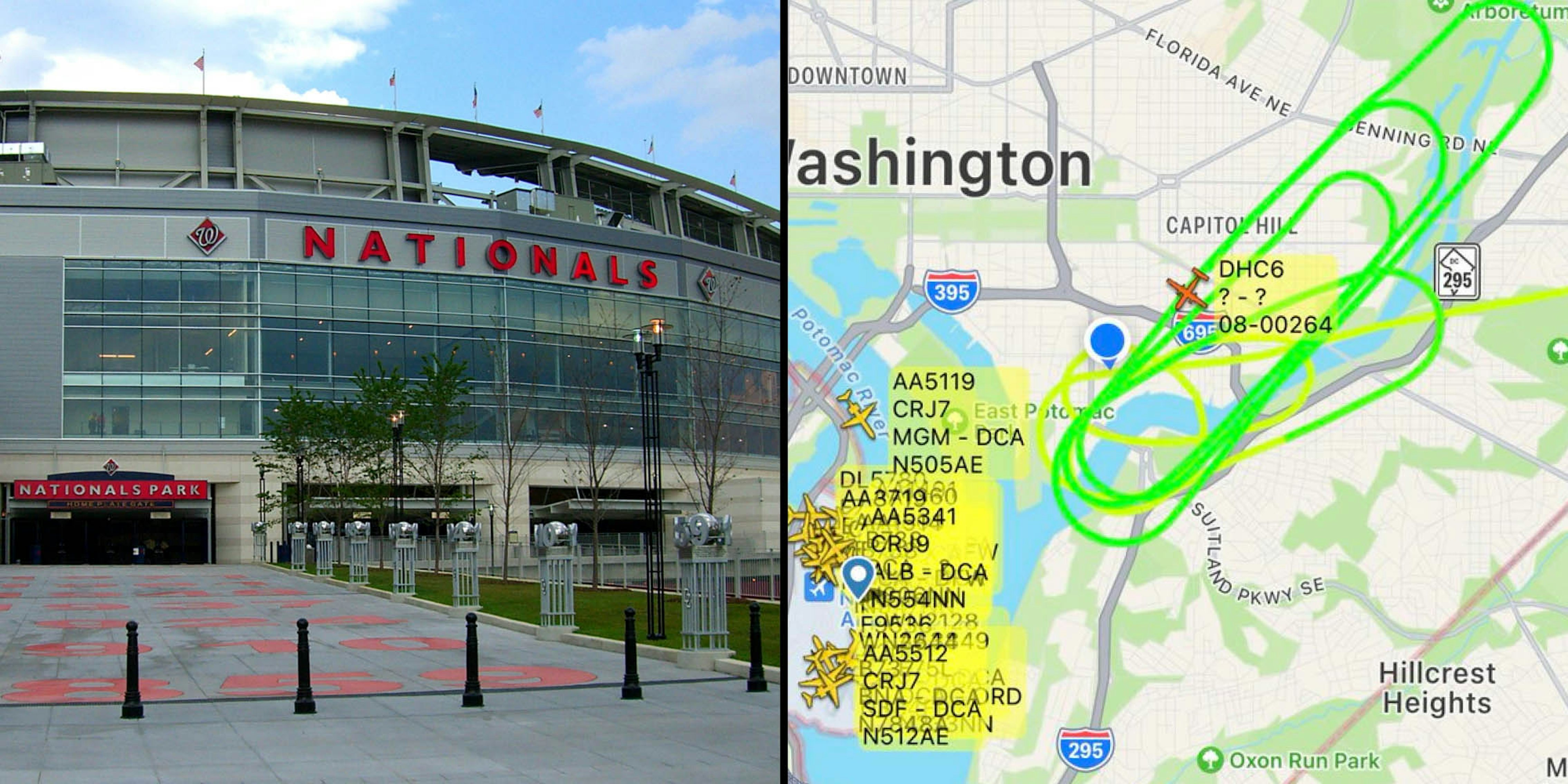 Nationals Park Stadium building outside (l) Map of Washington displaying plane routes (r)