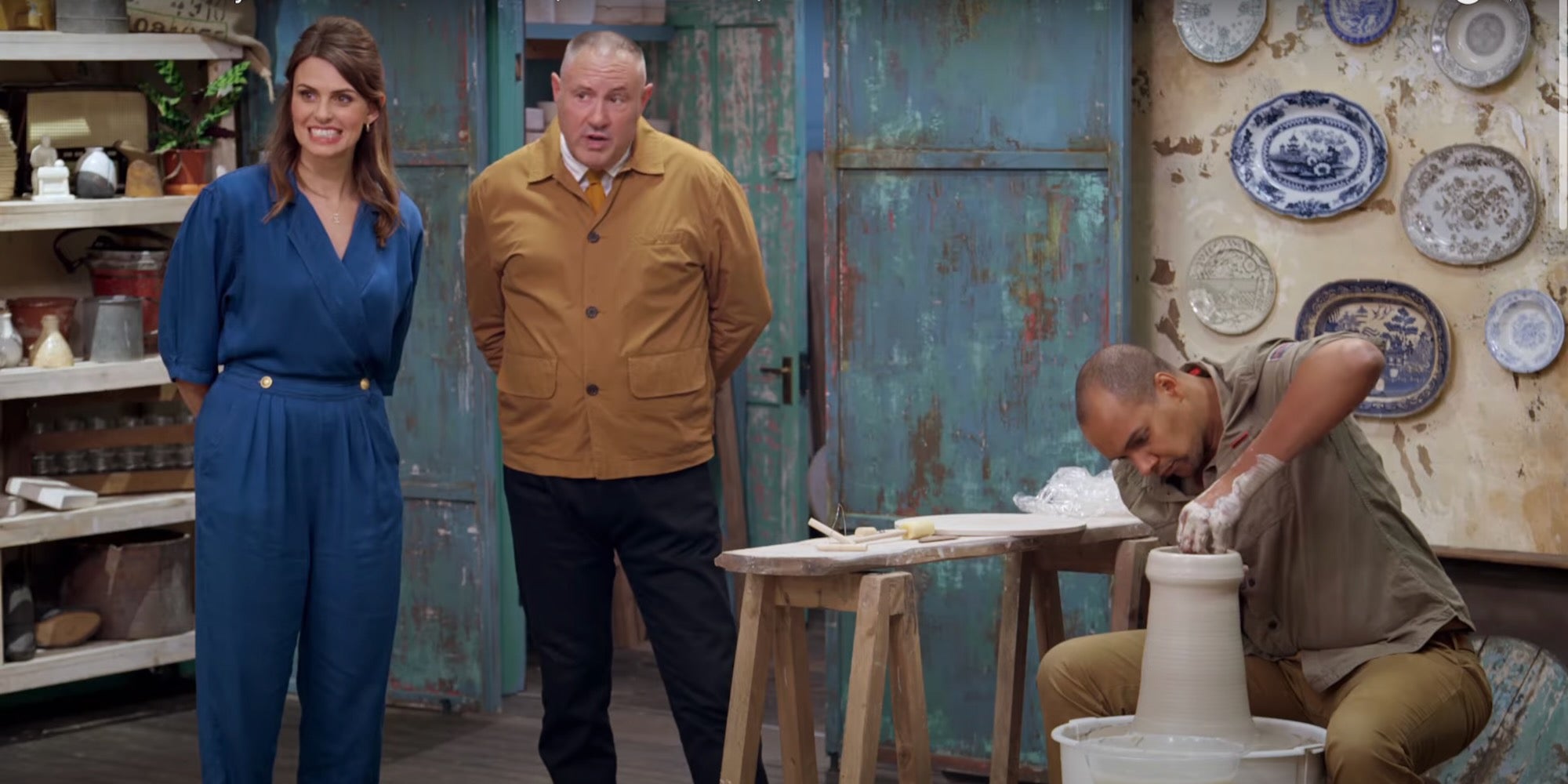 (l-r): ellie taylor, keith brymer jones, and richard miller in the great pottery throw down