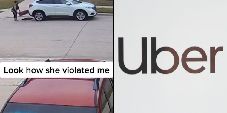 woman unloading trunk on security camera footage throwing stuff on ground caption 'Look how she violated me' (l) Uber logo on white background (r)