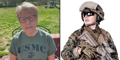 Female veteran outside speaking (l) Female Marine on white background (r)