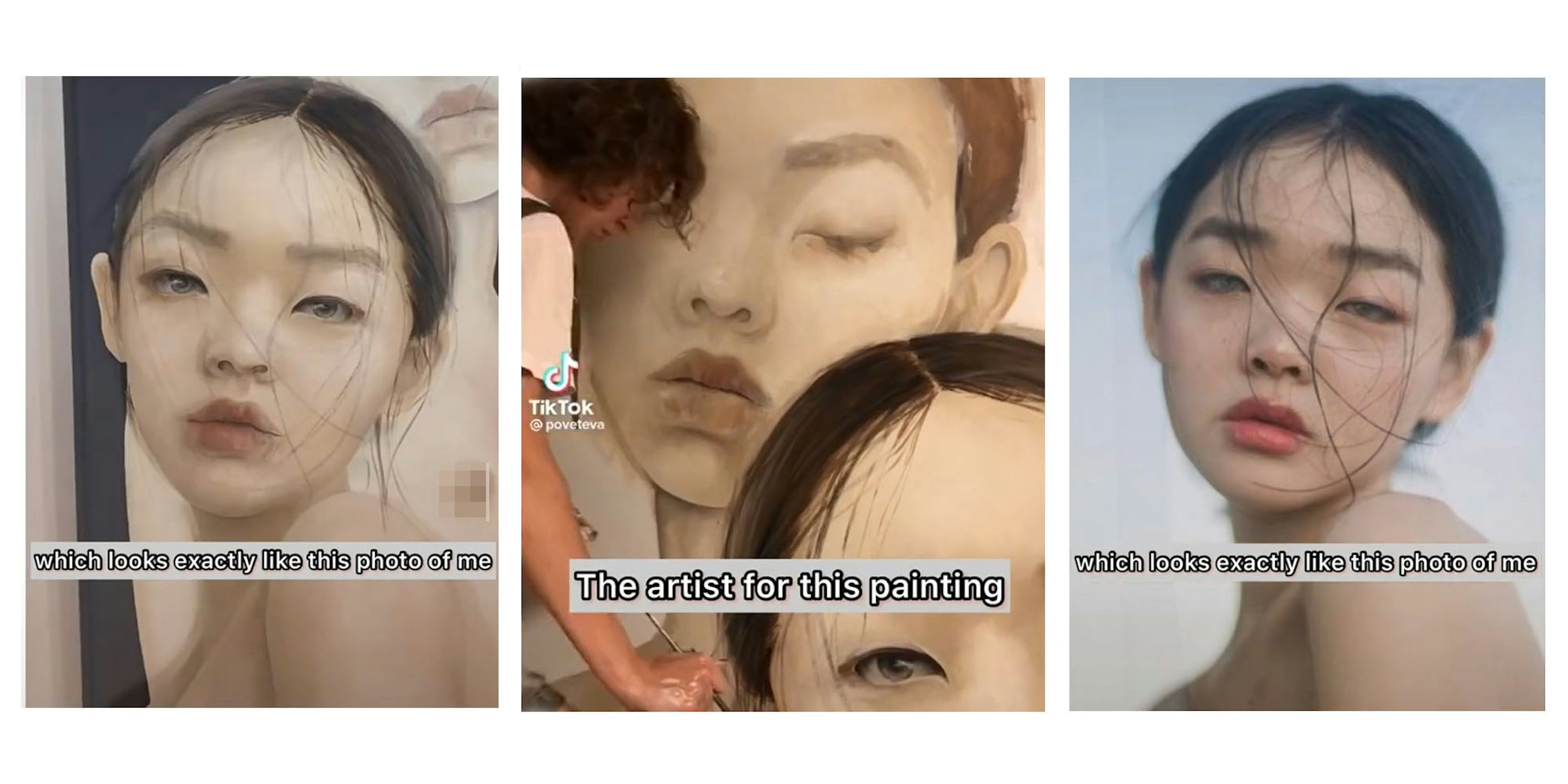 Painting of naked women with caption 'which looks exactly like me' (l) Angelina Poveteva painting with caption 'The artist for this painting' (c) Photo of woman caption 'which looks exactly like this photo of me' (r)