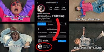 Half and half oliver tree on top KidLaroi below caption "A$$hole-Lil Yachty (feat. Oliver Tree) (l) christhedirector's instagram page showing he followed Oliver Tree red arrow and red oval (c) Half and half Oliver Tree above Kid Laroi below caption "Alien Boy- Oliver Tree" "Thousand Miles- KidLaroi" (r)