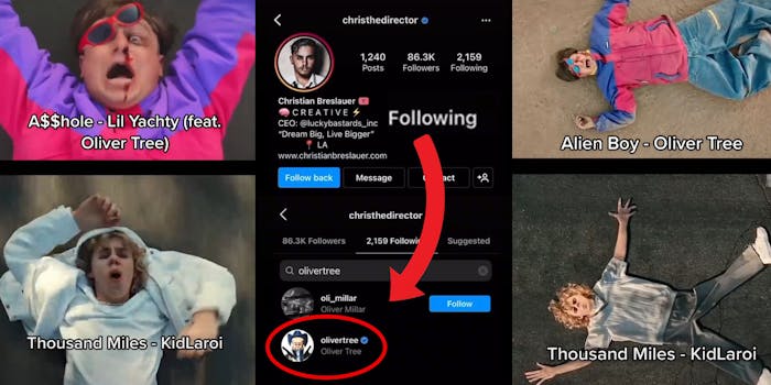 Half and half oliver tree on top KidLaroi below caption "A$$hole-Lil Yachty (feat. Oliver Tree) (l) christhedirector's instagram page showing he followed Oliver Tree red arrow and red oval (c) Half and half Oliver Tree above Kid Laroi below caption "Alien Boy- Oliver Tree" "Thousand Miles- KidLaroi" (r)