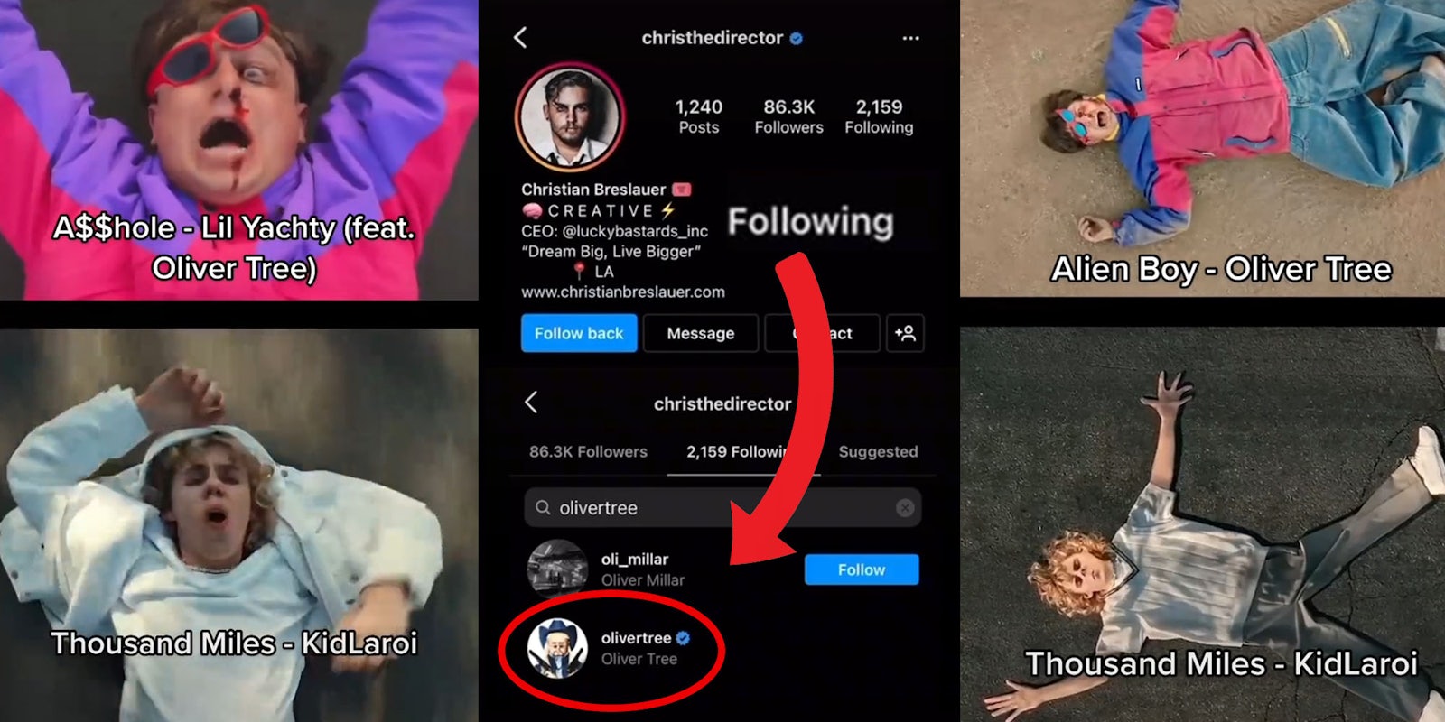 Half and half oliver tree on top KidLaroi below caption 'A$$hole-Lil Yachty (feat. Oliver Tree) (l) christhedirector's instagram page showing he followed Oliver Tree red arrow and red oval (c) Half and half Oliver Tree above Kid Laroi below caption 'Alien Boy- Oliver Tree' 'Thousand Miles- KidLaroi' (r)