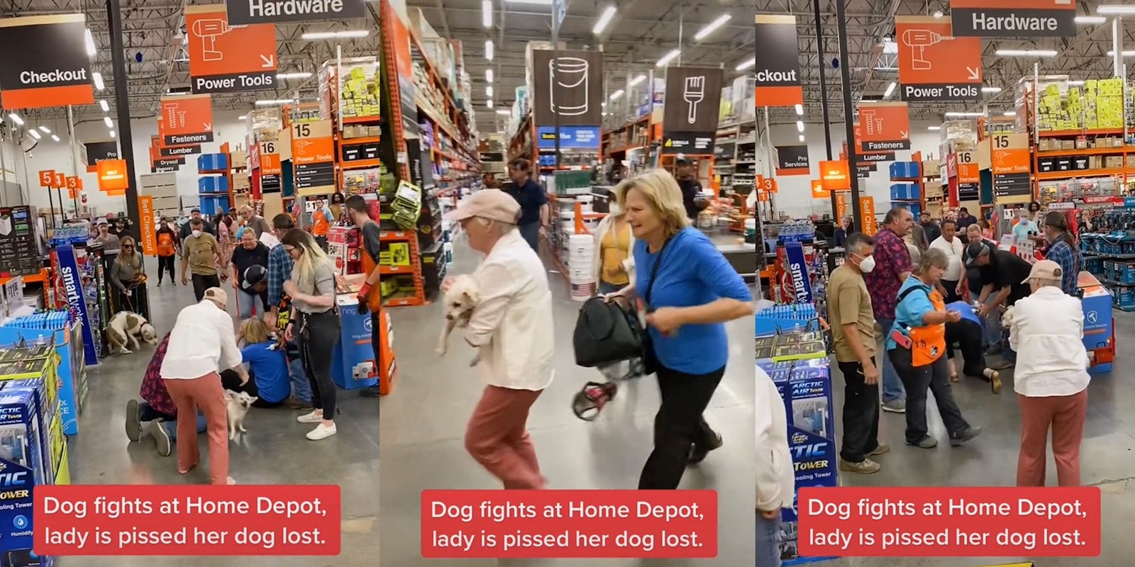 Home Depot checkout area woman on floor dogs barking people surrounding caption 'Dog fights at Home Depot, lady is pissed her dog lost.' (l) Women holding small white dog walking away caption 'Dog fights at Home Depot, lady is pissed her dog lost>' (c) woman getting help up off of floor by group of people caption 'Dog fights in Home Depot. lady is mad her dog lost.' (r)