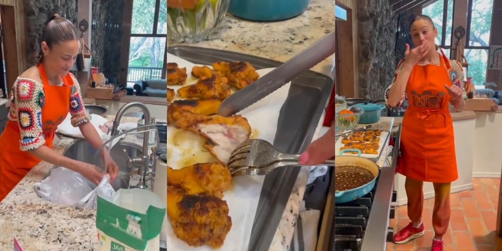 woman rinsing chicken in sink (l) cutting open chicken (c) woman licking finger (r)