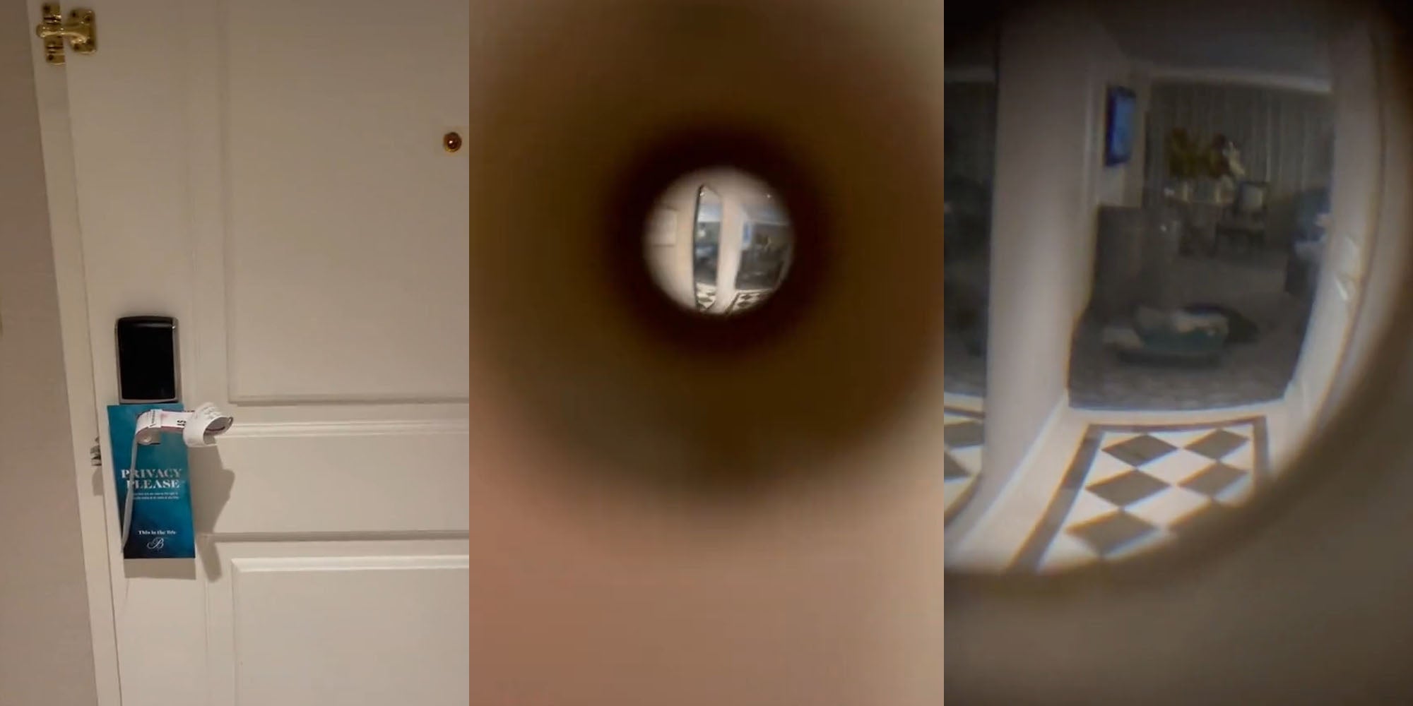Hotel room door from inside with peephole (l) Up close to peephole from outside of door (c) Interior of hotel room through peephole from outside of door (r)