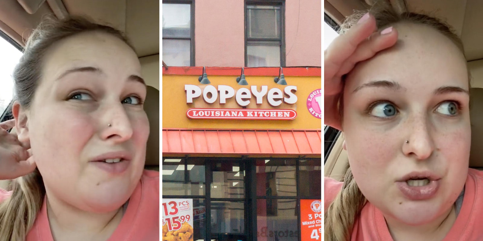 woman looking exasperated (l) (r) popeyes restaurant (m)