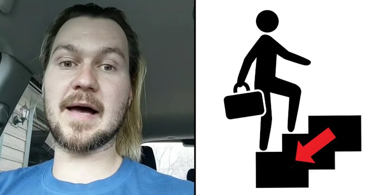 man talking in car (l) business man icon walking up stairs but arrow going up is arrow going down (r)