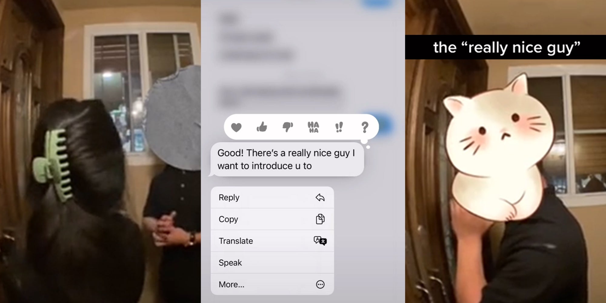 young woman and man in front of door (l) text message that reads 'Good! There's a really nice guy I want to introduce u to' (c) young man at door with cat sticker covering face and caption 'The 'really nice guy'' (r)