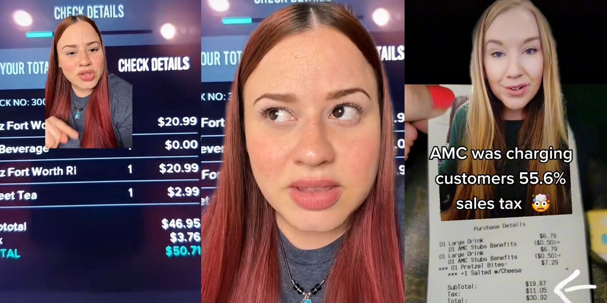 Woman green screen video over computer receipt showing incorrect math (l) Woman annoyed expression (c) Woman over green screen tiktok of another wrong receipt (r)
