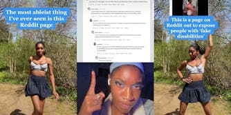 Woman dancing outside caption "the most ablest thing I've ever seen is this Reddit page" (l) Woman pointing to comments "you're not even diagnosed" (c) Woman dancing caption " This page on Reddit out to expose people with 'fake disabilities' with photo above (r)