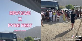 bus with mountains in background and caption "Revolve X Fyre Fest teatime to come" (l) people crowding to get on bus (r)