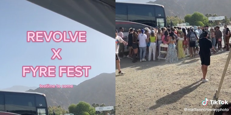 bus with mountains in background and caption 'Revolve X Fyre Fest teatime to come' (l) people crowding to get on bus (r)