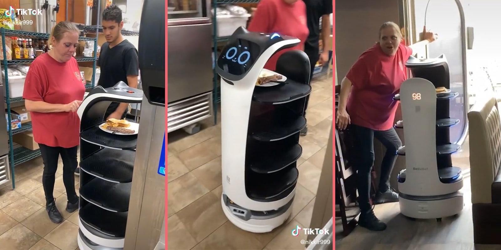 restaurant employees placing food on robot (l) server robot with cat face carrying plate (c) restaurant employee opening door for server robot (r)