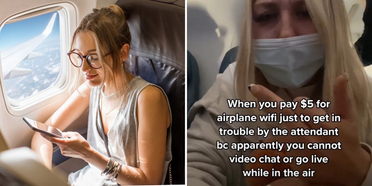 Woman on phone in airplane seat (l) Woman on plane flipping off camera upset caption 'When you pay $5 for airplane wifi just to get in trouble by the attendant bc apparently you cannot video or go live while in the air' (r)
