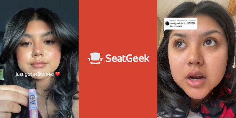 Woman in car with wristband in hand caption 'just got scammed' (l) seatgeek logo on orange red background (c) Woman upset caption 'seatgeek is NEVER to be trusted.' (r)