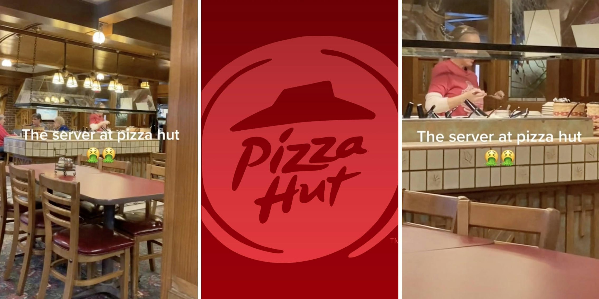 woman server at pizza hut (l) (r) pizza hut logo (m)