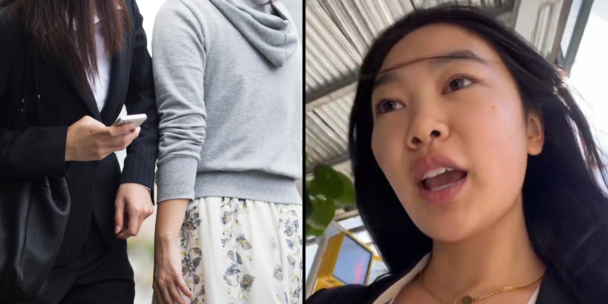 Two women walking bumping into eachother (l) Woman walking outside speaking (r)