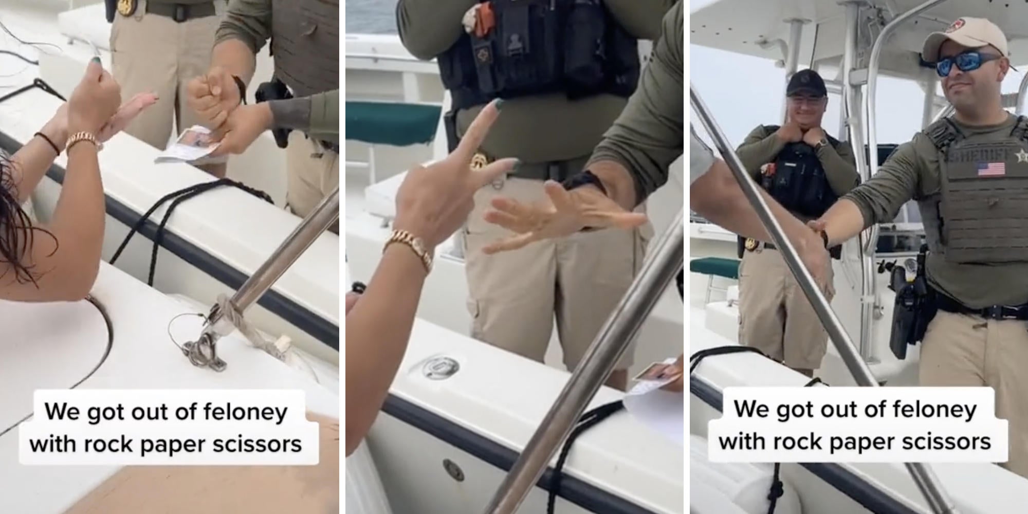 women playing rock paper scissors with officer (l) (m) shaking hands (r)