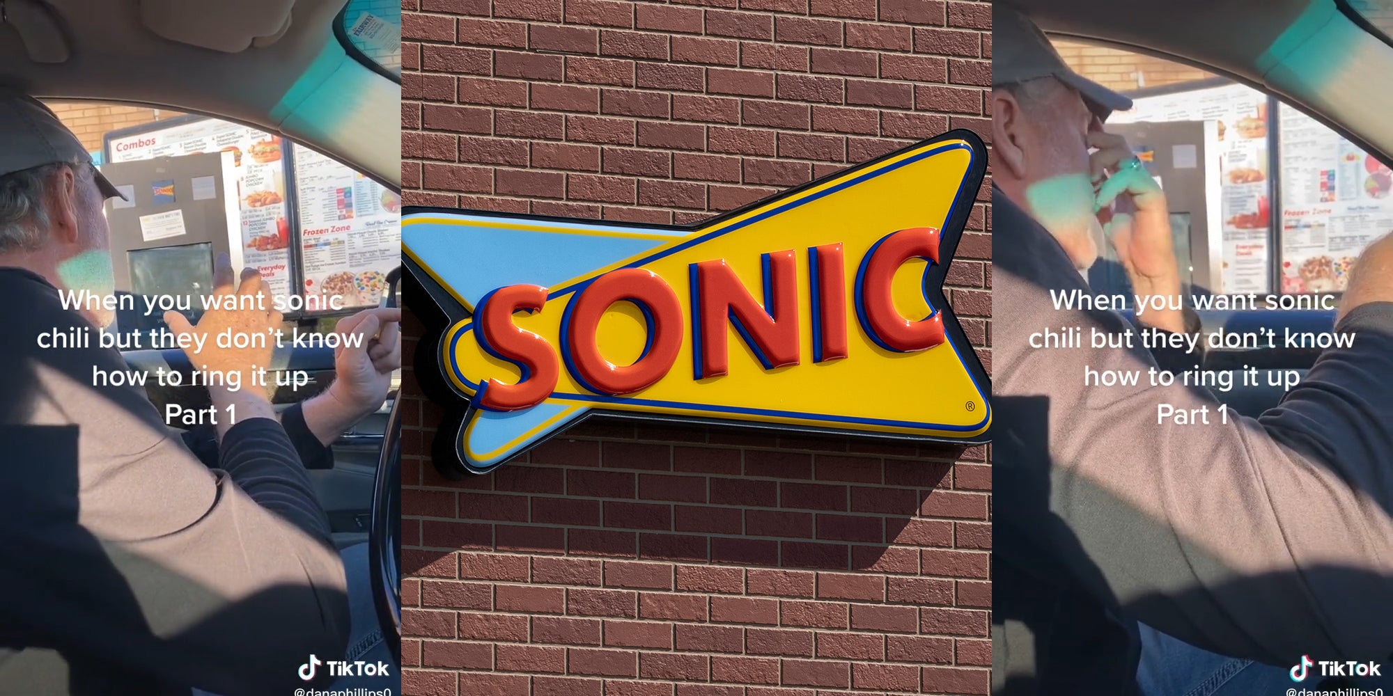 man in drive-thru with caption 'when you want sonic chili but they don't know how to ring it up Part 1' (l&r) sonic sign (c)