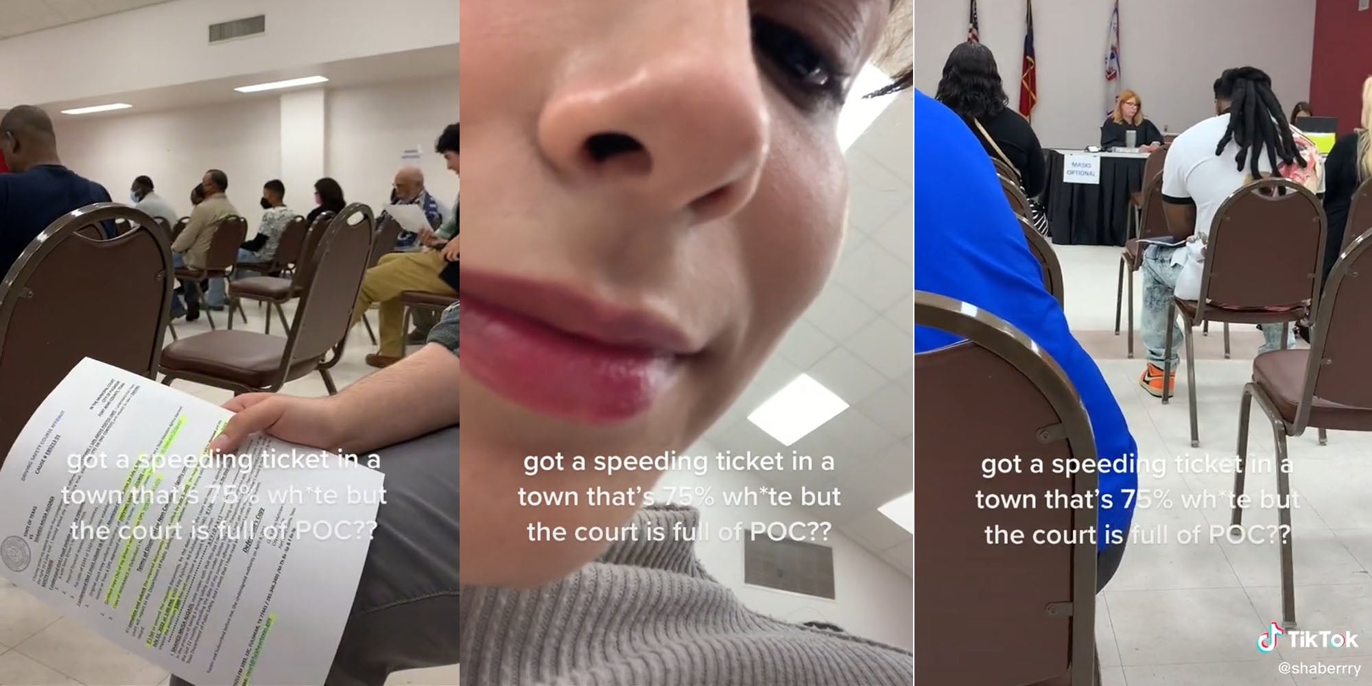 court seating with people sitting man sitting holding paper caption 'got a speeding ticket in a town that's 75% white but the court is full of POC?' (l) Woman face caption 'got a speeding ticket in a town that's 75% white but the court is full of POC?' (c) court room with judge and people seated caption 'got a speeding ticket in a town that's 75% white but the court is full of POC?' (r)