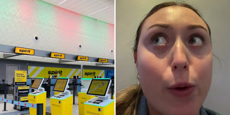 Spirit airlines screens at airport (l) woman shocked expression (r)