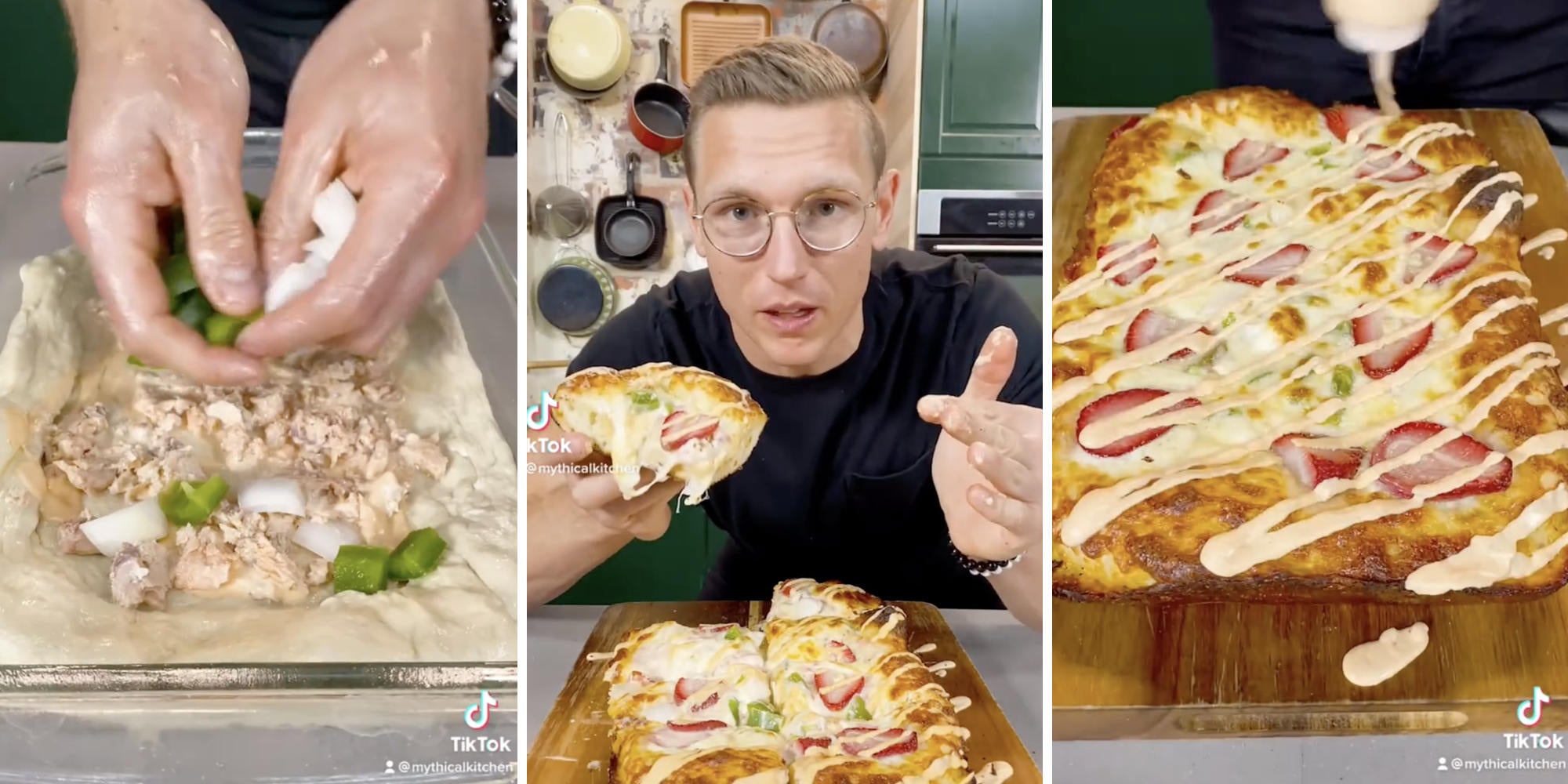 man making pizza (l) (r) man eating pizza (m)