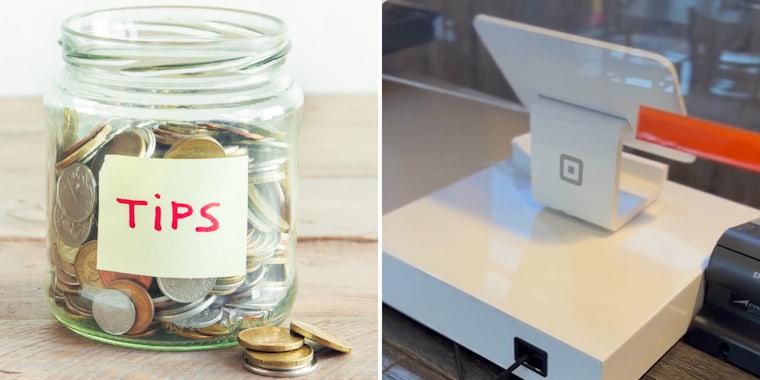 Glass tip jar with coins on table (l) square fancy cash register (r)