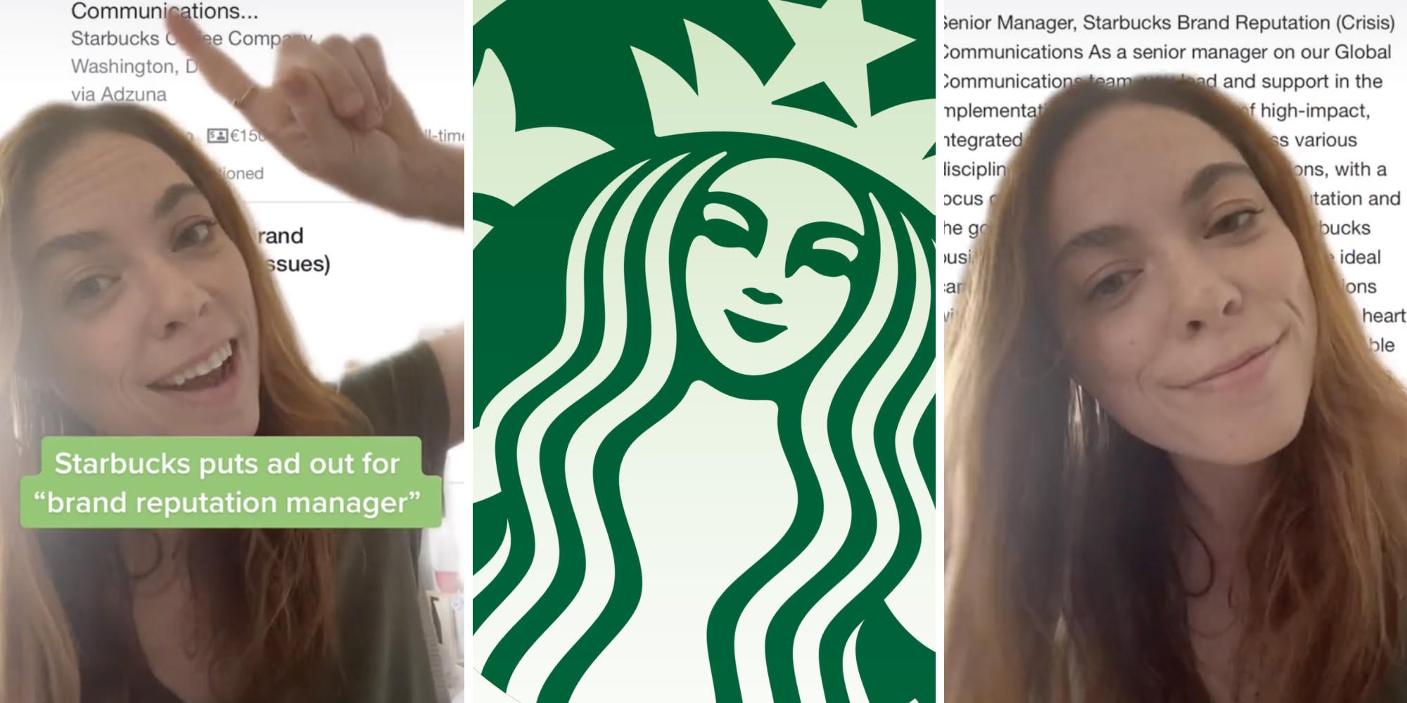 woman pointing at text (l) starbucks logo (m) woman smirking (r)