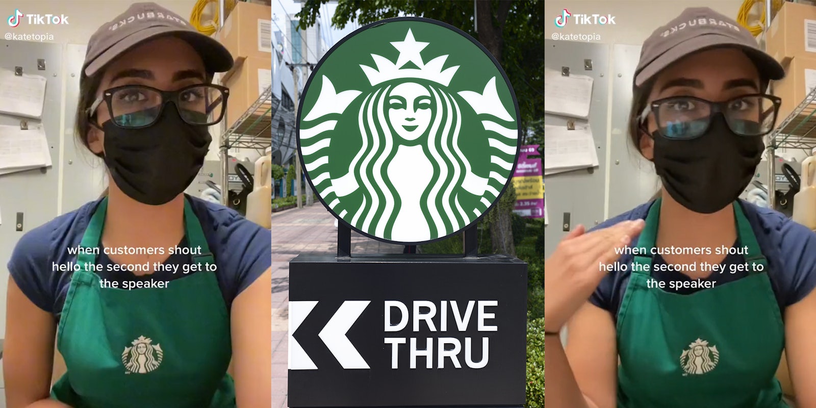 starbucks worker with caption 'when customers shout hello the second they get to the speaker' (l&r) starbucks drive thru sign (c)